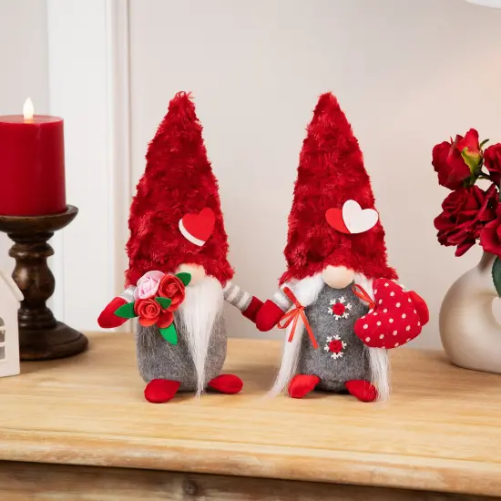Northlight Fuzzy Hat Valentine's Day Gnomes - 11.5" - Red and Gray - Set of 2 {1}