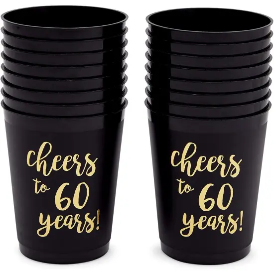 16 Pack Cheers to 60 Years Plastic Party Cups - 60th Birthday Decorations for Men and Women, Anniversaries (Black, 16 oz) {7}
