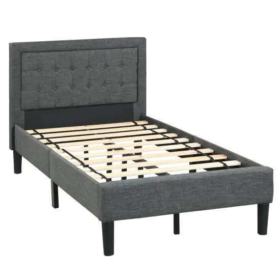 Twin Size Upholstered Bed Frame with Button Tufted Headboard {1}