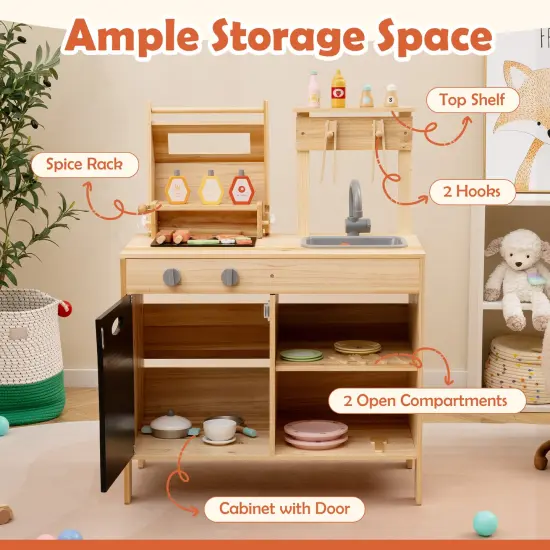 Wooden Barbecue Grill Playset with Chalkboard and Sink and Cabinet-Natural {9}