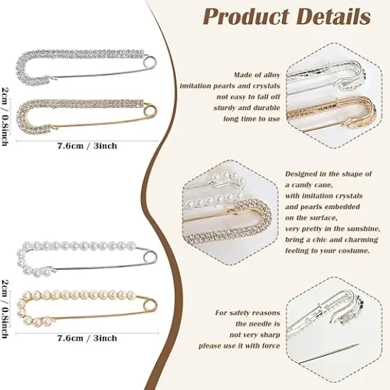 Women Pins Brooch Sweater Clips Shawl Clips Pearl Brooches Faux Crystal Safety Pins Dress Shirt Clips for Women 4 Pieces {2}