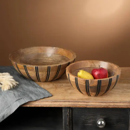 Handcrafted Large Wood Bowl with Black Vertical Lines {1}