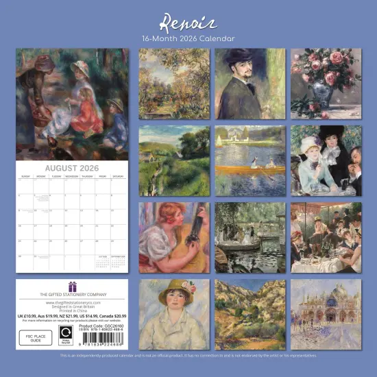 The Gifted Stationary 2026 Square Wall Calendar, Renoir, 16-Month Arts & Antiques Theme Hanging Calendar with 180 Reminder Stickers, Month Planner for Creative Spaces, 12x12 In Multicolor {4}