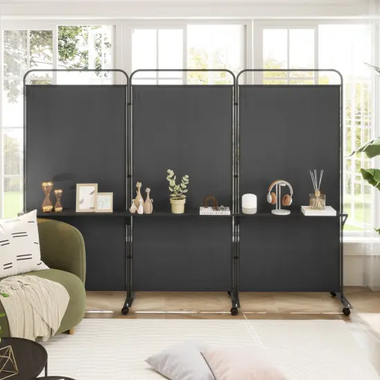 3-Panel Folding Room Divider with 3 Metal Shelves and Lockable Wheels Black {1}