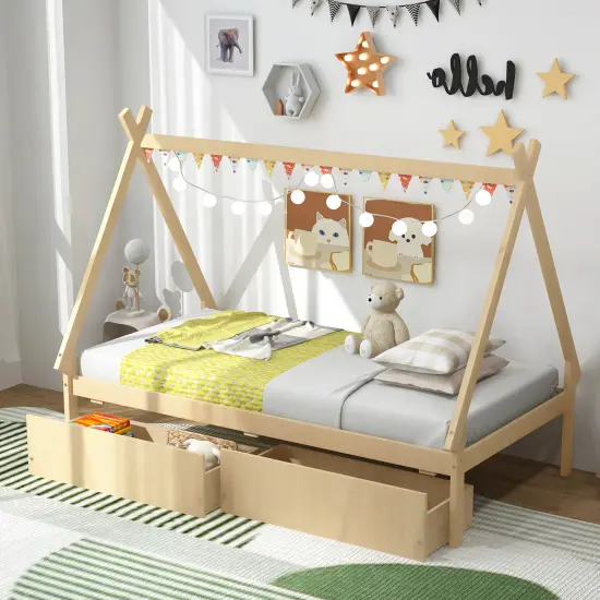Wooden House Bed with Storage Drawers and DIY Playhouse Design for Kids Natural {2}