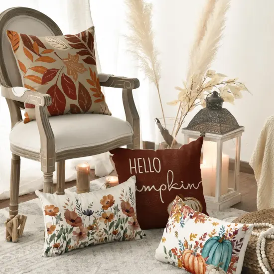 Hello Fall Pumpkin Leaves Pillow Covers {4}
