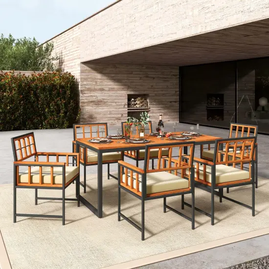 Costway 7 PCS Patio Dining Set Outdoor Acacia Wood Table with Soft Cushions Umbrella Hole {5}