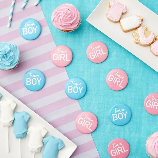 24 Pack Gender Reveal Pins for Party Supplies, Blue and Pink Team Boy Team Girl Buttons (2.25 In) {2}