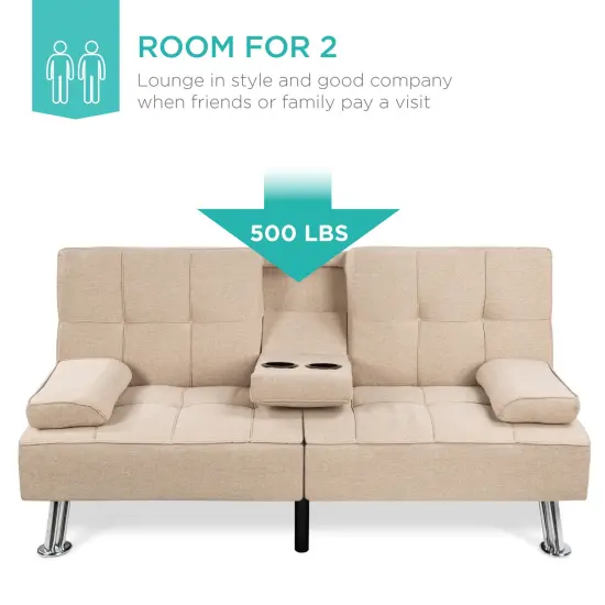 Best Choice Products Modern Linen Convertible Futon Sofa Bed w/ Removable Armrests, Metal Legs, Cupholders Beige {3}