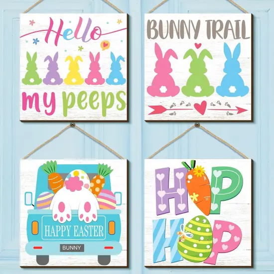 4 Pcs Happy Easter Door Sign Wooden Bunny Rabbit Easter Wreaths Welcome Door Sign Wall Hanging Plaque Farmhouse Easter Decorations Wall Pediments Wreath for Home Front Porch Door Decor {1}