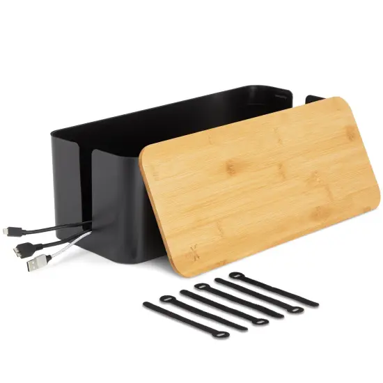 Box for Cable Management, 1 Large ABS Cord Organizer Box with Bamboo Lid, Black {1}