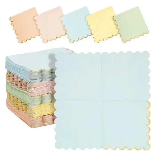 Scalloped Rainbow Napkins with Gold Foil, Unicorn Party Decorations, 5 Pastel Colors (5 In, 150 Pack) Multicolor {1}