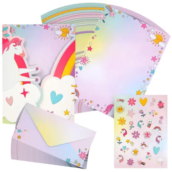 92 Piece Unicorn Stationery Set for Kids, Girls, with 60 Stationery Sheets, 30 Envelopes, Pocket Folder, Sticker Sheet (7.25 x 10.2 In), Ages 3-14 Pink {1}
