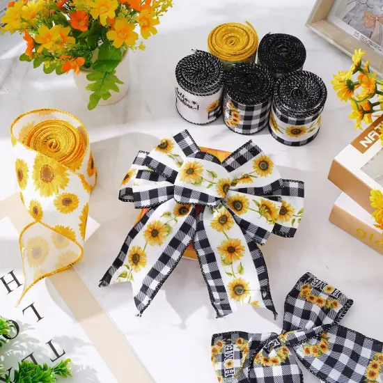 36 Yard Sunflower Wired Edge Ribbon 6 Roll 2.5 Inch Buffalo Plaids Flower Fabric Ribbon Spring Summer Floral Decorative Craft Ribbon for Gift Wrapping Decor Hair Bow Sewing Wreath Crafts {4}