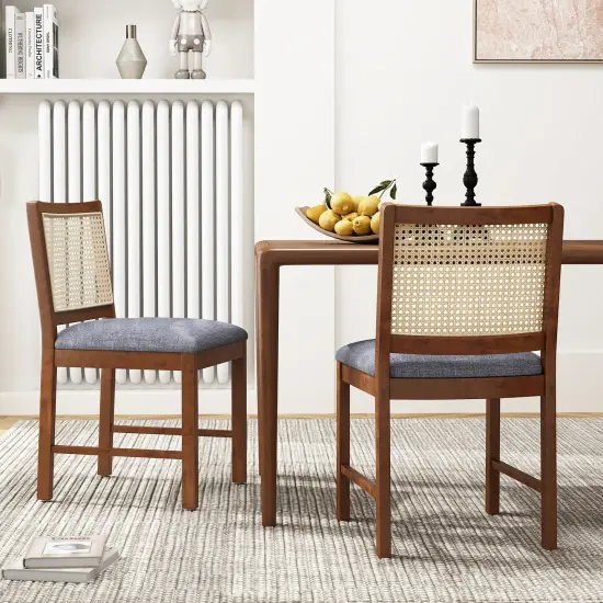 Rattan Dining Chair Set of 2 with Rubber Wood Frame and Linen Fabric Padded Seat-Walnut {2}