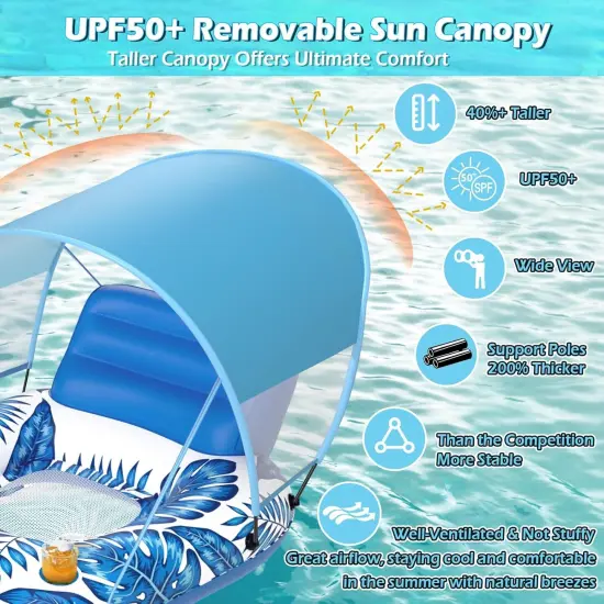 Pool Floats with Canopy - Inflatable Pool Float Adult Lounger Floaties Raft Floating Chair for Swimming Pool Lake Water Lounge Float with Cup Holders Beach Pool Party Toys for Adults {3}