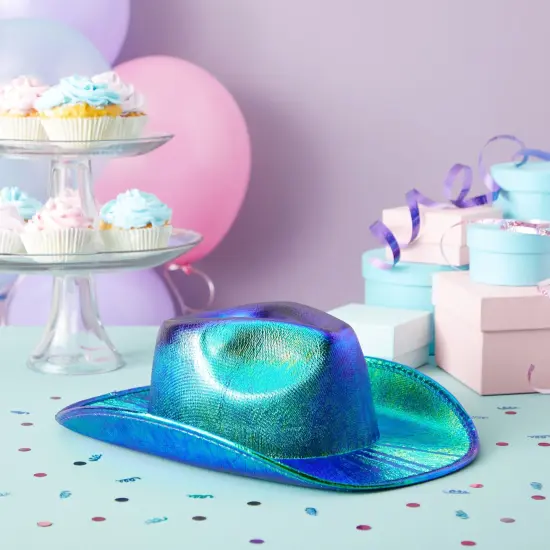 Holographic Western Cowboy Hat with Feathers, Cowgirl Costume Accessories (Blue and Green, Youth Size Small) {2}