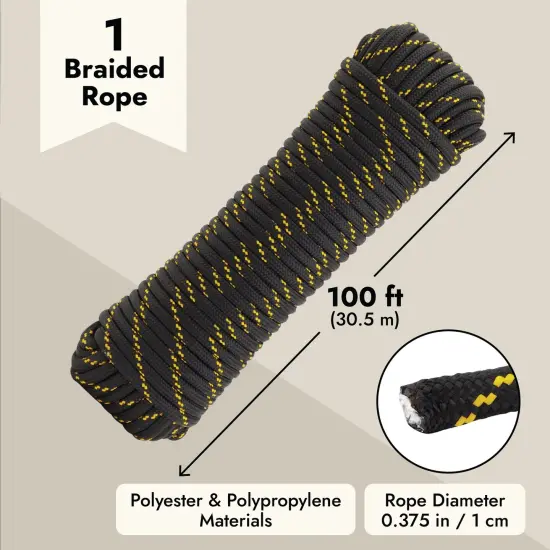 3/8 Inch x 100 Ft Diamond Braided Rope for Knot Tying Practice, Camping, Boats, Trailer Tie Down (Polyester) {5}