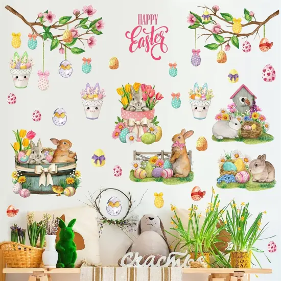 Happy Easter Wall Stickers Bunny Rabbit Wall Decals Peel and Stick Wall Art Decal Easter Egg Wall Decal Spring Flower Tree Branch Window Clings for Kids Room Nursery Living Room Kitchen Decor Gifts {1}