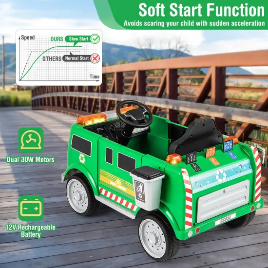 Green Plastic 12V Battery-Powered Electric Vehicle with Remote Control & Trash Bin {6}