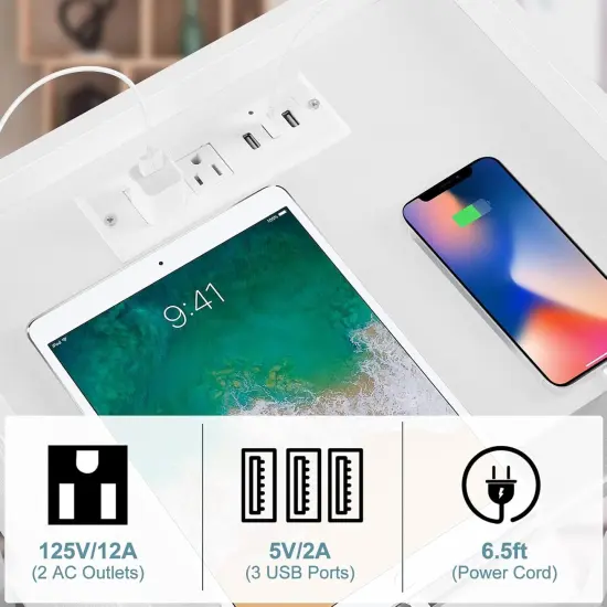 Nightstand with Charging Station & Storage Drawer, Retro Bedside Table with USB Ports, AC Outlets, and Adjustable Feet - Compact Bedside Cabinet for Small Spaces (23.6" H) {4}