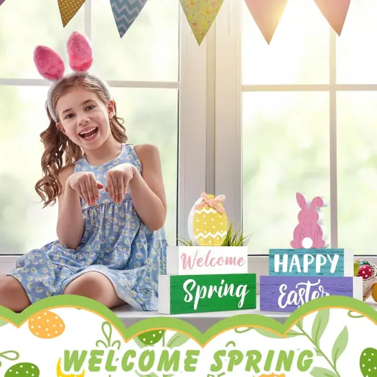 4 Pcs Spring Easter Decorations Reversible Welcome Spring Tabletop Decor Happy Easter Bunny Egg Wood Signs Double Side Rustic Farmhouse Tiered Tray Decor for Home Table Shelf Centerpieces {4}