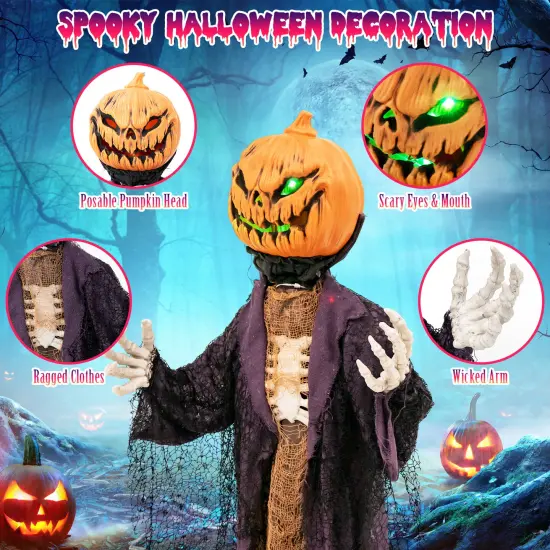 5.6 Feet Halloween Animated Pumpkin Scarecrow with Sound Activated Moan and Glowing Green Eyes {5}