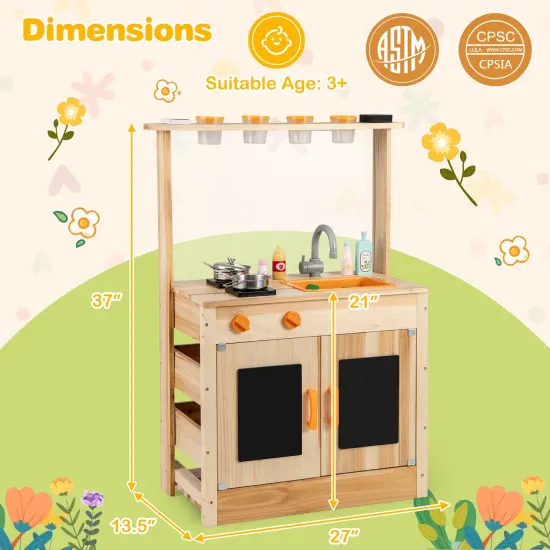 Kids Mud Kitchen Fir Wood Playset with Planting Pots and Blackboards-Natural {4}