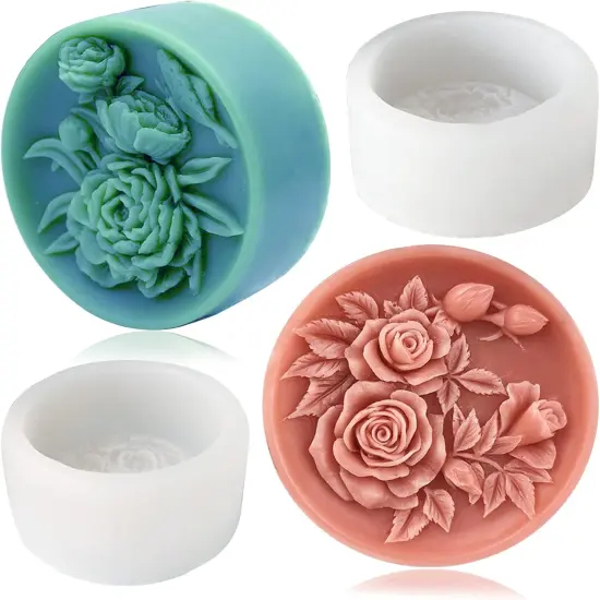2PCS Round Flower Soap Molds for Soap Making, Rose Resin Candle Mold Silicone, Bath Bombs Lotion Bar Silicone Mold, 3D Mold {1}