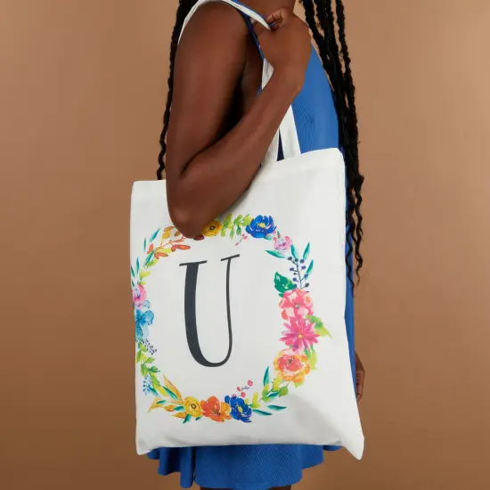 Set of 2 Reusable Monogram Letter U Personalized Canvas Tote Bags for Women, Floral Design (29 Inches) White {3}