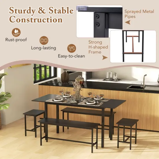 5 Piece Dining Table Set for 4-6, Includes 2 Benches & 2 Stools, Ideal for Kitchen & Dining Room Black {6}