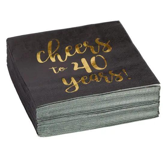50 Pack Cheers to 40 Years Cocktail Napkins for 40th Birthday, Anniversary Party Supplies, 3-Ply, Black and Gold Foil (5 x 5 In) {5}