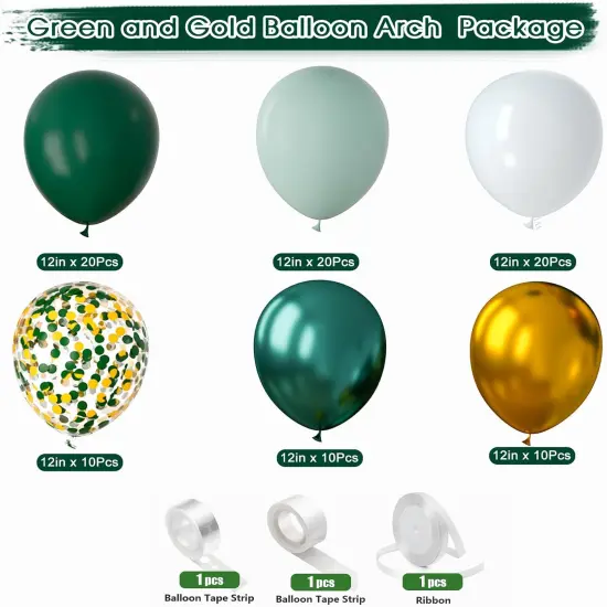 Green and Gold Balloons 83Pcs 12in Dark Green Gold White Confetti Balloons for Graduation Safari Jungle Birthday Emerald Green and Gold Party Decorations {3}