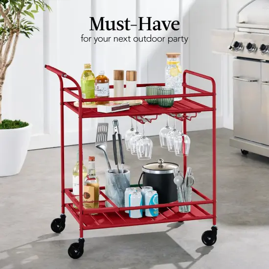 Best Choice Products 2-Tier Rolling Bar Cart Indoor/Outdoor w/ Storage Shelves, Wine Rack, Lockable Wheels Red {3}