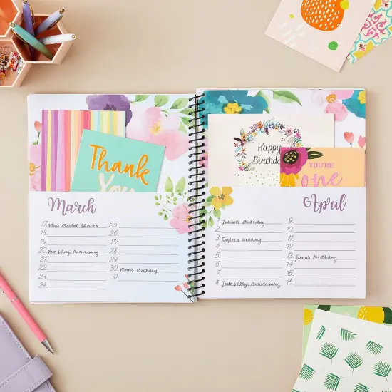 Floral Month by Month Greeting Card Organizer Book with 24 Pockets, Card and File Keeper Dividers for Birthdays, Weddings, Milestones, Graduation Parties, Holiday Reminders (8.5 x 10 In) Pink {3}