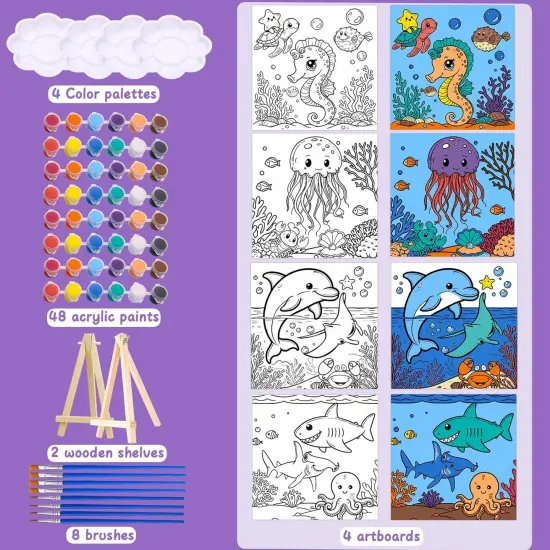 4 Packs 7.8x7.8 Pre Drawn Canvas Paint Set,Paint by Numbers for Kids,48 Paints 8 Brushes 2 Easels {3}