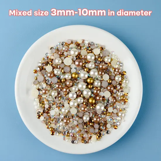 50g Mix Flatback Rhinestones Half Pearls for Craft Mixed Size 3mm-10mm Flat Back Rhinestones for Crafts Flatback Pearls for DIY Tumblers Mugs Nail Art Shoes Clothes (Champagne Gold Series) {4}