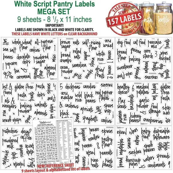 Talented Kitchen 157 Pantry Labels for Food Containers - Preprinted White Script Kitchen Food Organization Labels for Storage Canisters and Jars (White Script) Clear {7}