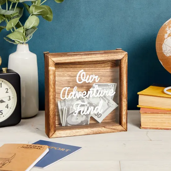 Our Adventure Fund, Vacation Shadow Box for Weddings, Honeymoon Savings Piggy Bank for Adults (7 x 7 Inches) Brown {2}