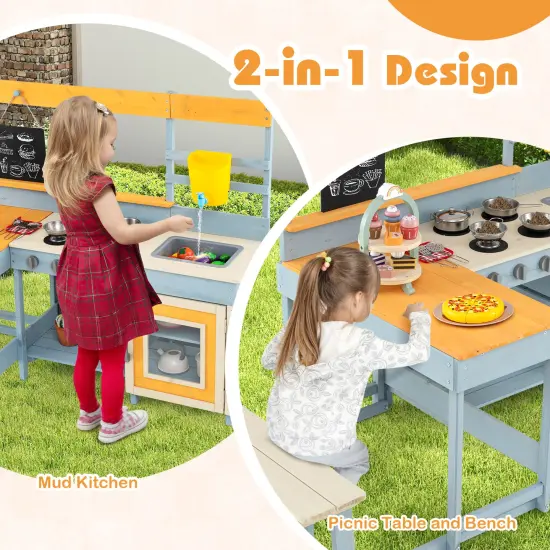 Natural Fir Wood Play Kitchen with Kids Picnic Table and Built-in Bench for Outdoor Fun {6}