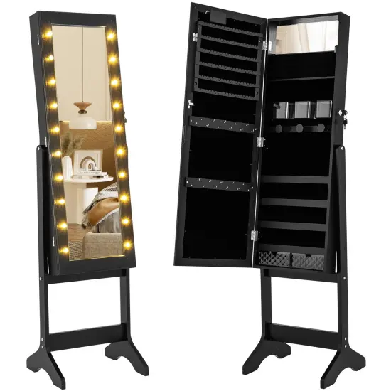 Full Length Mirror Jewelry Cabinet with 20 Warm Lights and 4 Tilt Angles Black {4}