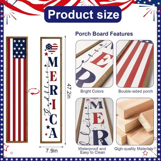 47.2 Inch Two Sided 4th of July Porch Sign, Wooden Patriotic Independence Day Welcome Front Door Decor, Americana Tall Large Vertical Standing Board Red White Blue Outdoor Home Decorations {3}