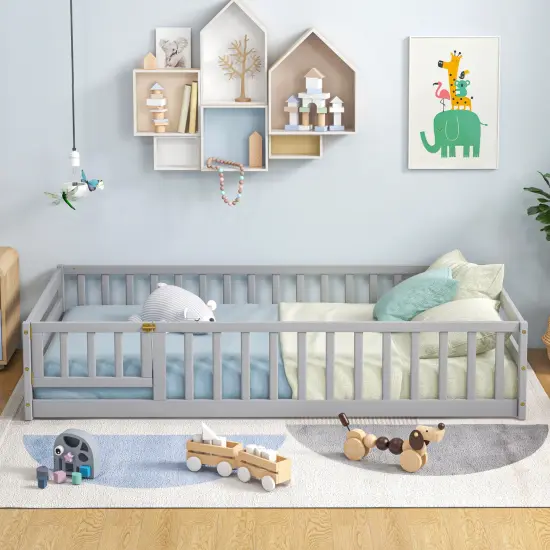 Twin Size Wooden Montessori Floor Bed with with Lockable Door and Fence Perfect for Kids Room Grey {2}
