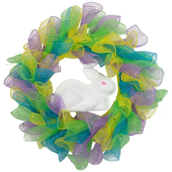 Northlight Pastel Deco Mesh Ribbon Easter Bunny Wreath - 24" Yellow {3}