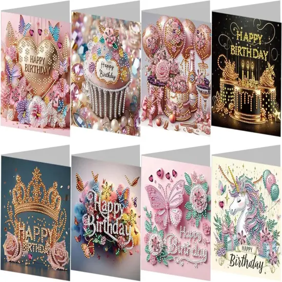 8 Pack 5D DIY Diamond Painting Greeting Card Kit, Diamond Art Christmas Birthday Holiday Greeting Card, Art Crafts Kit Creative Gift with Envelope {1}