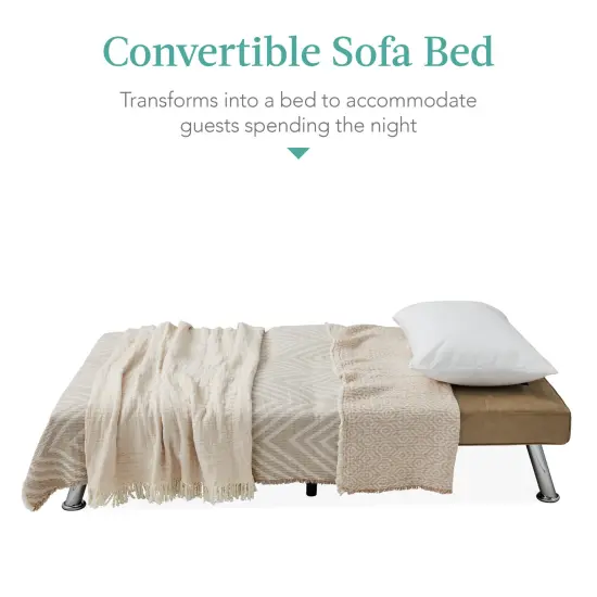 Best Choice Products Modern Faux Leather Convertible Futon Sofa w/ Removable Armrests, 2 Cupholders Taupe {4}