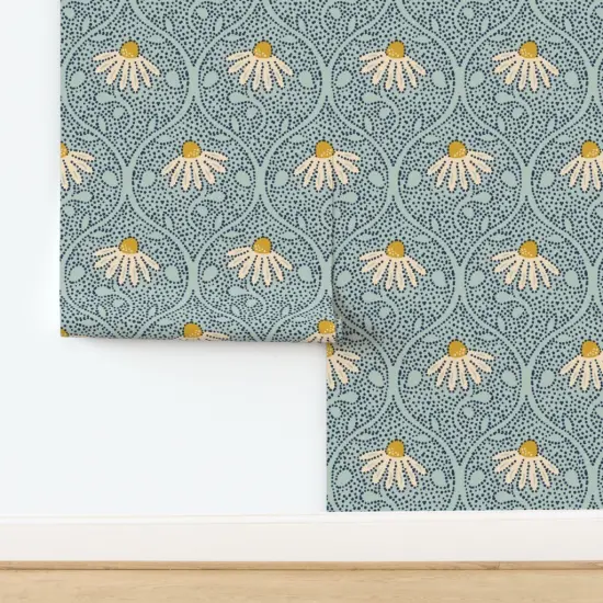 Pre-Pasted Wallpaper 2FT Wide Cottagecore Botanical Blue Flowers Dots Meadow Coneflower Large Scale Cottage Floral Spring Summer Pow Wow Echinacea Garden White Yellow Custom Pre-pasted Wallpaper by Spoonflower {2}