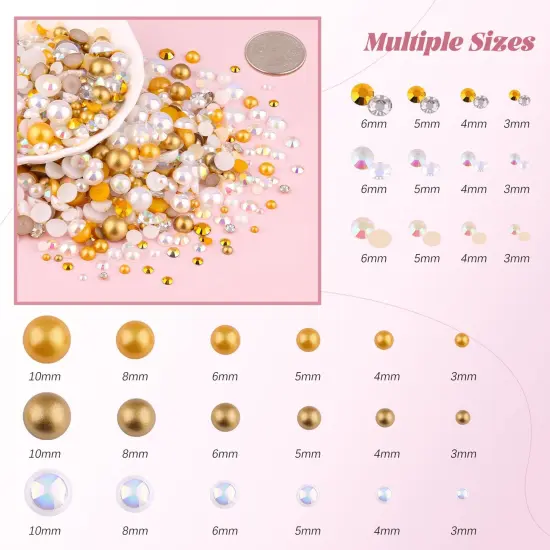 80g Flatback Pearls and Rhinestones for Crafting, White Brown Mixed Size 3-10mm Resin Rhinestones and Half Pearls for Bedazzling, Nail Art and Decoration with Tweezer and Pickup Pencil {2}