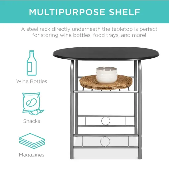 Best Choice Products 3-Piece Wood Dining Room Round Table & Chairs Set w/ Steel Frame, Built-In Wine Rack Black/Silver {3}