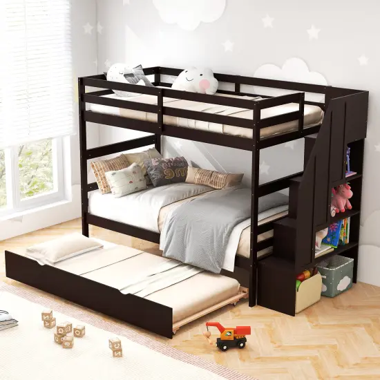 Twin Bunk Bed with Guard Rail and 4-Step Storage Stairs No Box Spring Needed Brown {2}
